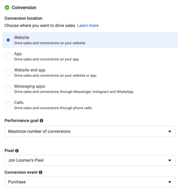 Conversion Location and Performance Goal